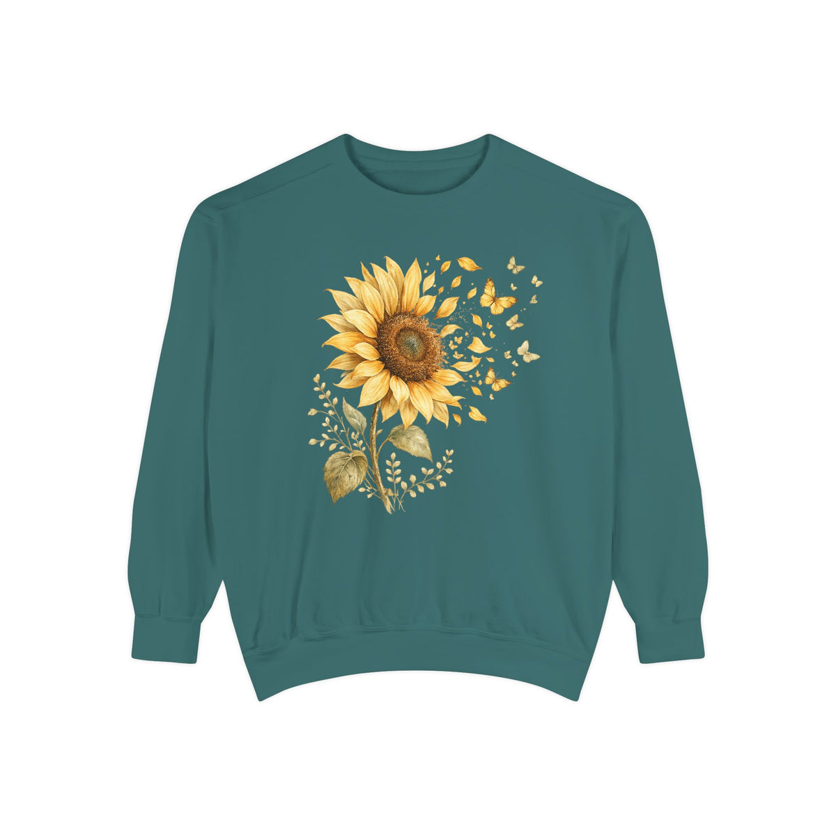 Sunflower butterfly sweatshirt in Blue Spruce, front view