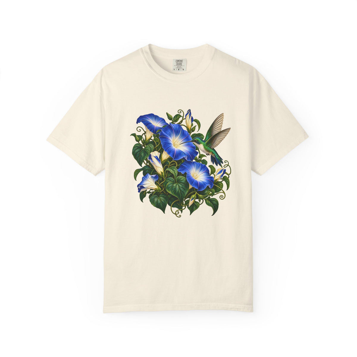 The morning glory and hummingbird illustration on a garment-dyed Comfort Colors 1717 tee