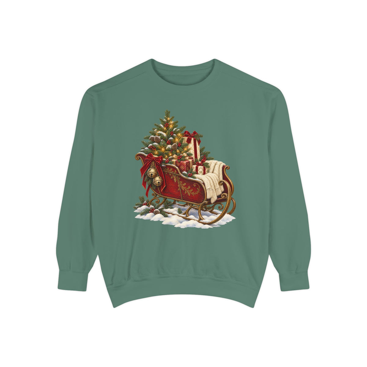 Vintage Christmas sleigh sweatshirt in Light Green, front view