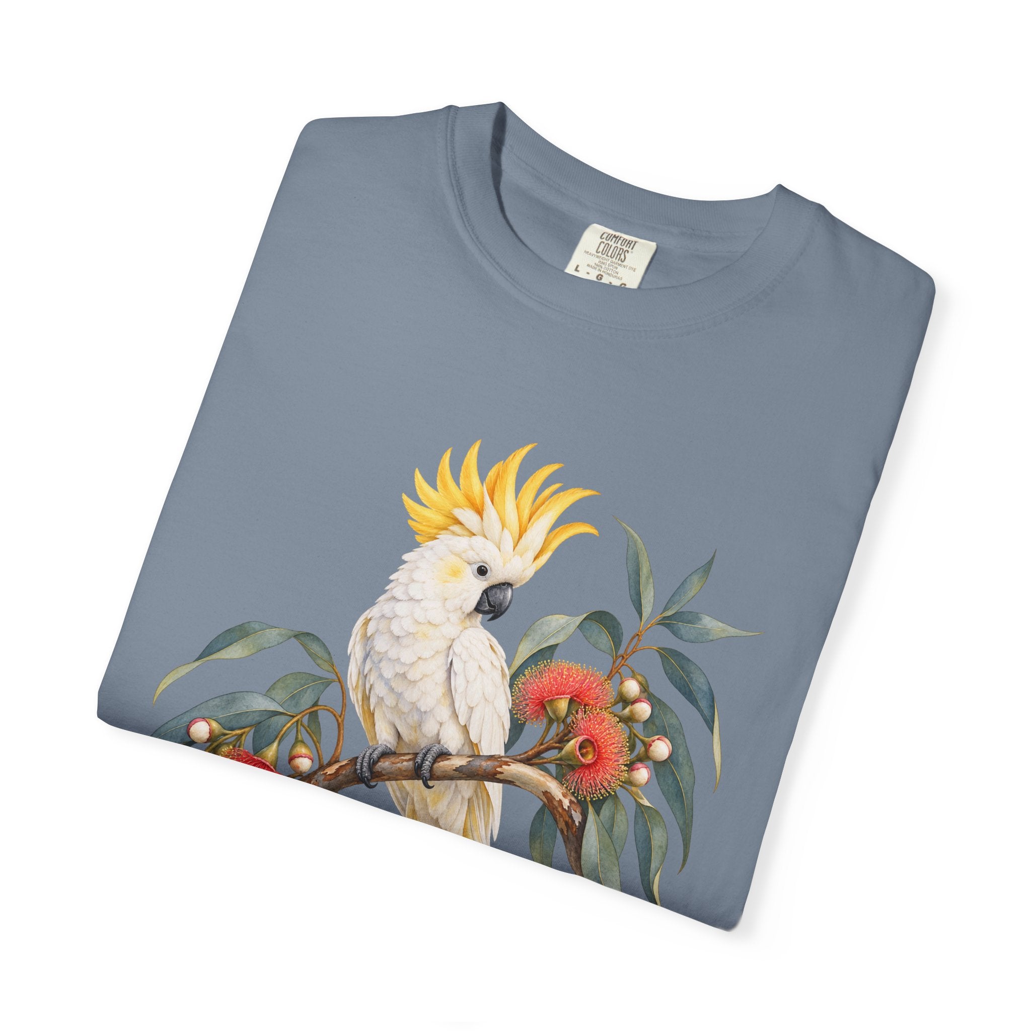 Cockatoo & Gum Blossom T-Shirt — worn with denim, front view