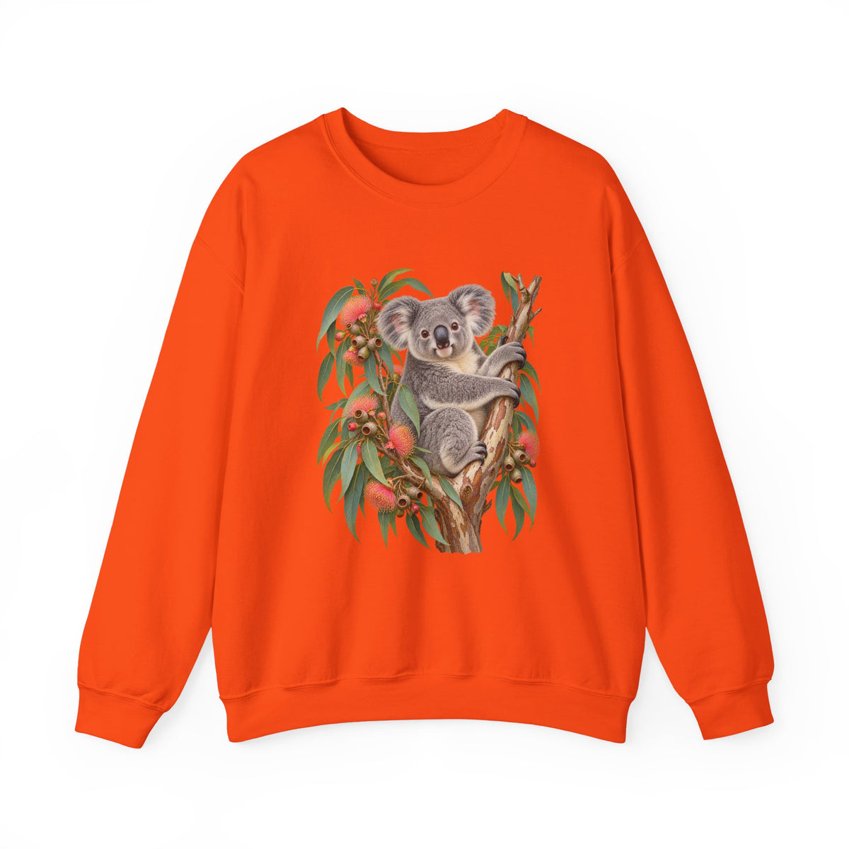 Booked for the Afternoon sweatshirt — a grey koala resting among eucalyptus leaves and coral-pink blossoms, on a unisex crewneck