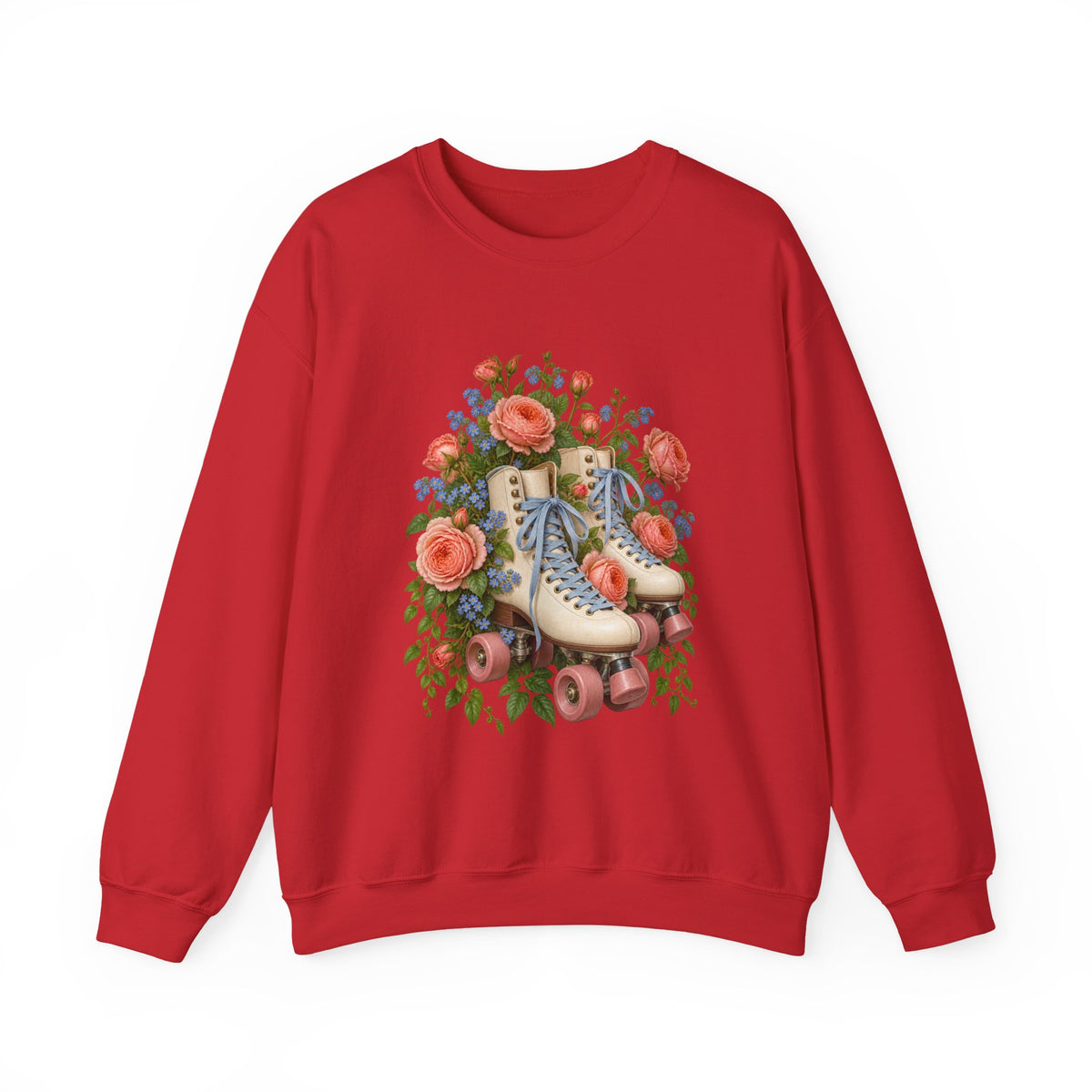She Still Rolls crewneck sweatshirt, cream roller skates with blue laces and dusty pink wheels among coral roses, small blue flowers and trailing greenery, image 3 of 21