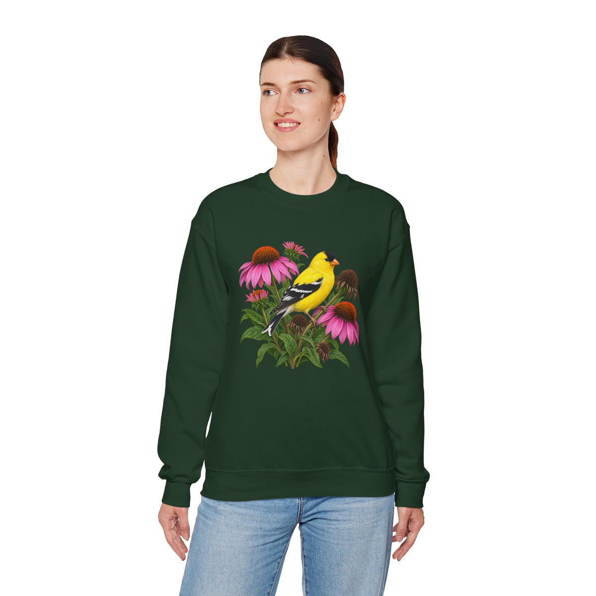 A Small Bright Thing crewneck sweatshirt, a golden-yellow American goldfinch among pink coneflowers, seed heads and green leaves, image 11 of 22