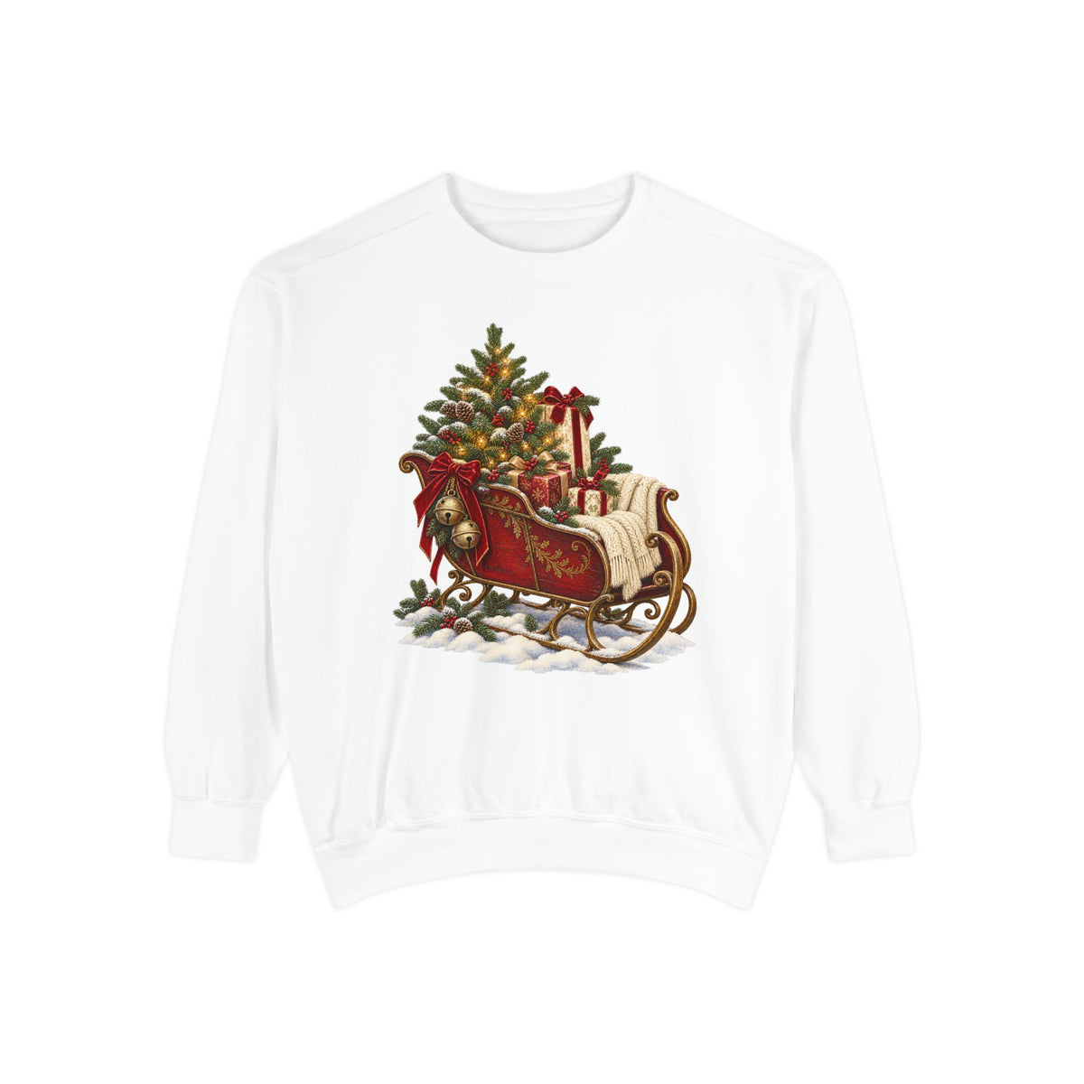Vintage Christmas sleigh sweatshirt in White, front view