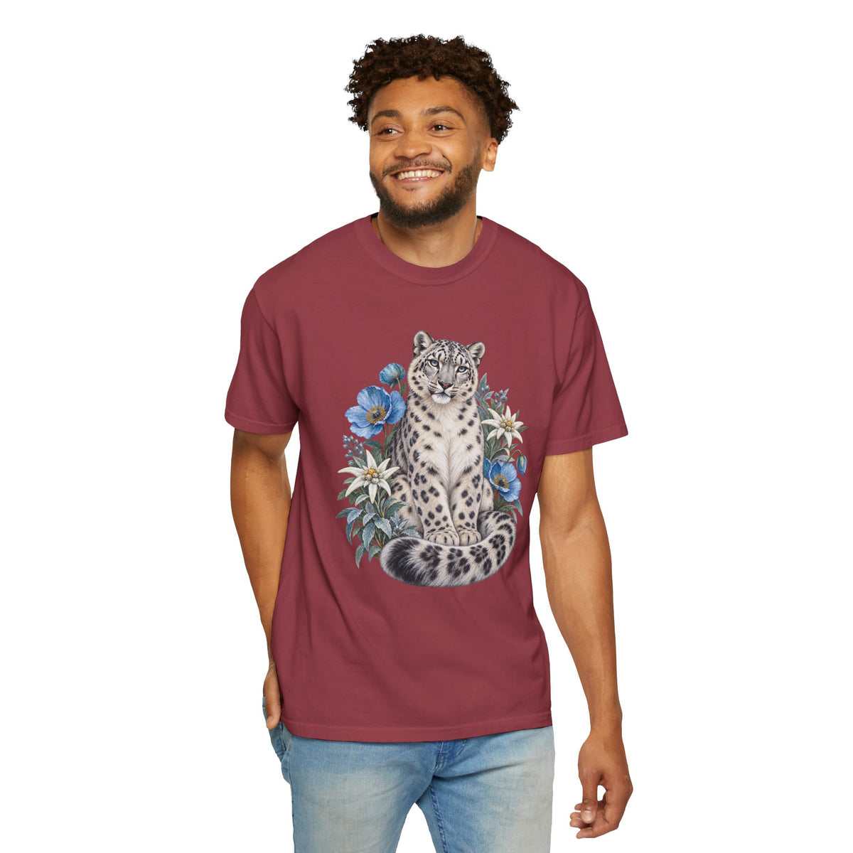 Snow Leopard & Blue Poppy T-Shirt — front print worn
