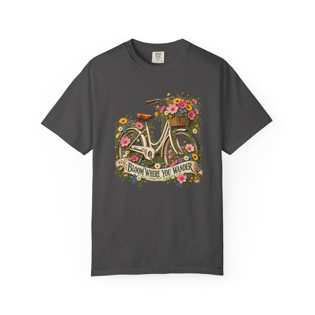 Bloom Where You Wander Floral Bicycle T-Shirt - the curling ribbon banner lettered Bloom Where You Wander across the lower third of the design