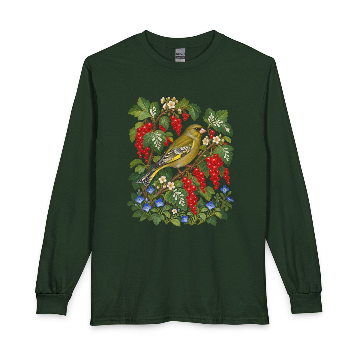 Red Currant & Songbird Long-Sleeve T-Shirt — botanical songbird and red currant branch illustration on cotton long sleeve