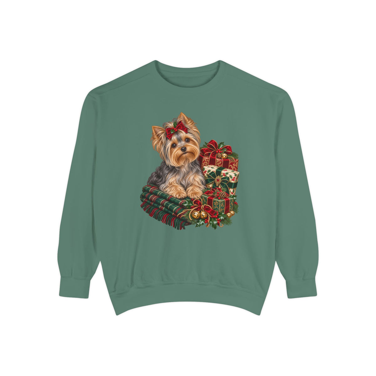 Yorkie Christmas sweatshirt in Light Green, front view