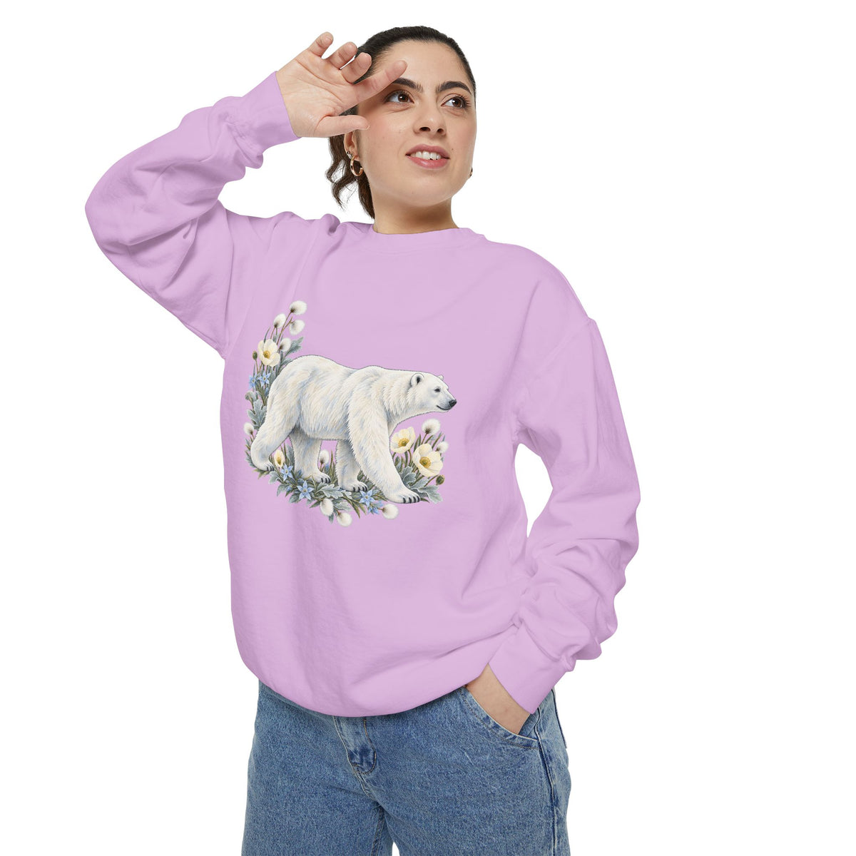 Polar Bear & Arctic Blooms Sweatshirt — Garment-Dyed Fleece
