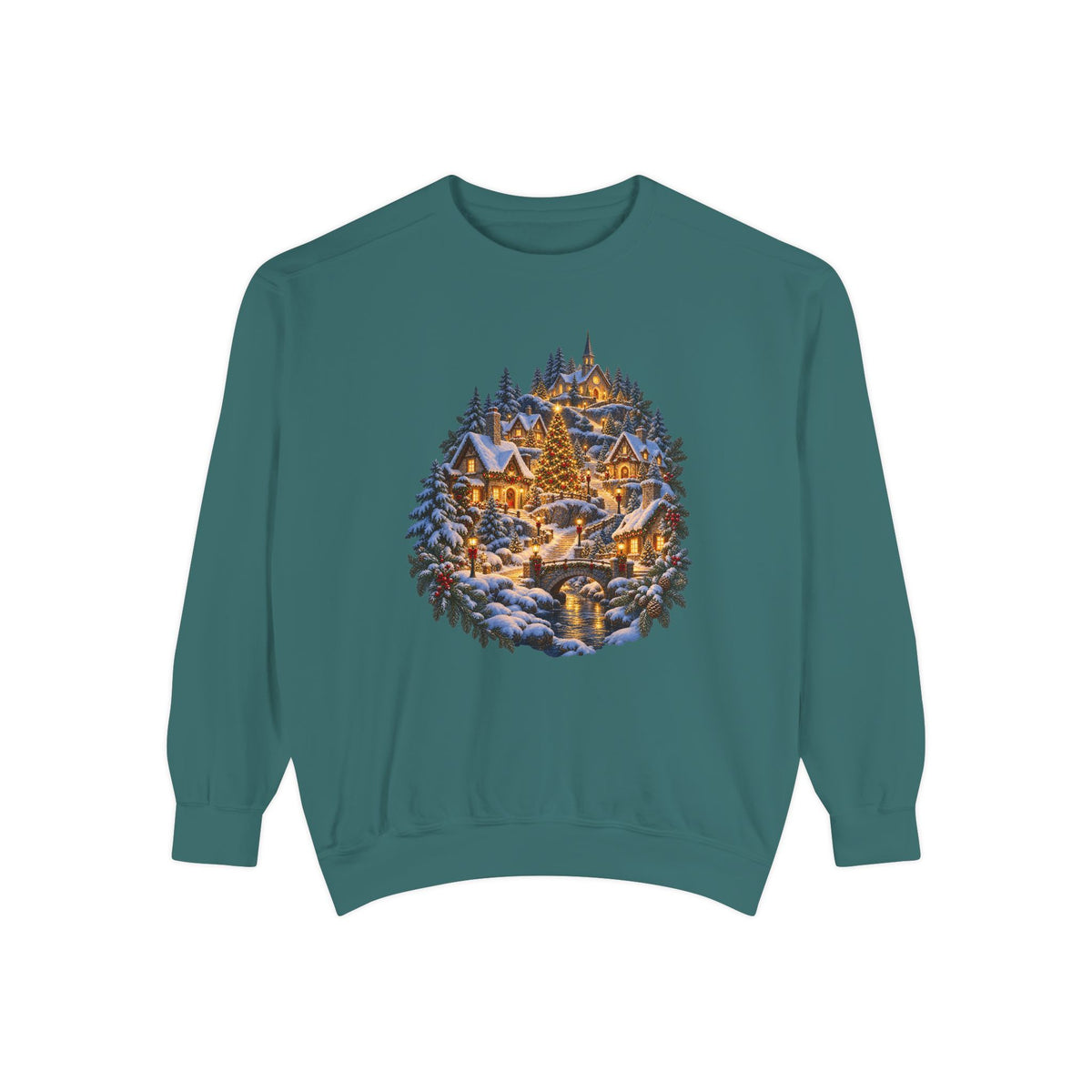 Small town Christmas sweatshirt in Blue Spruce, a deep forest green garment-dyed Comfort Colors 1566 crewneck with a snowy hillside village and lit church
