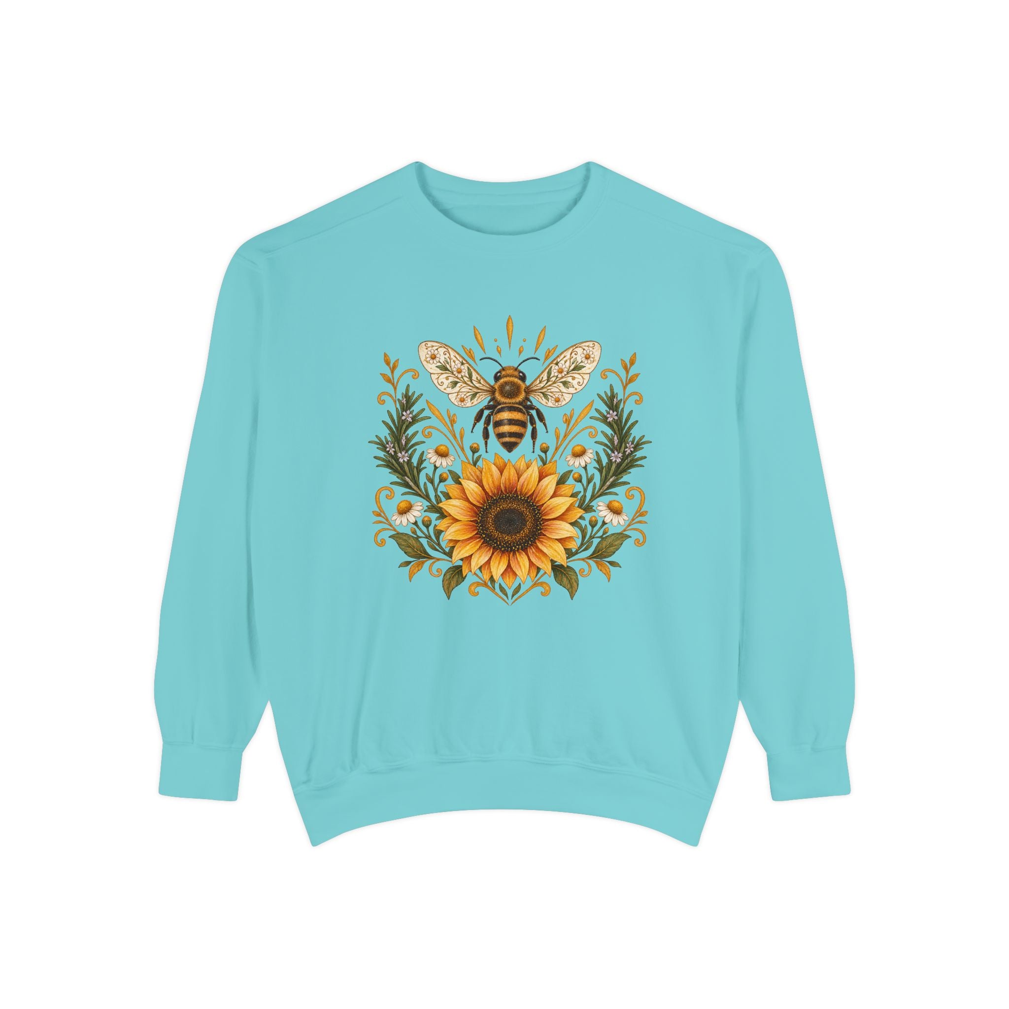 Bee & Sunflower Crest Sweatshirt — Garment-Dyed Fleece