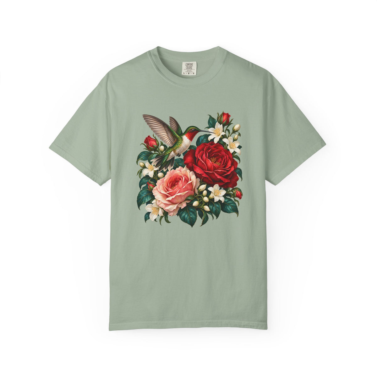 Hummingbird and rose graphic tee - a printed graphic, not embroidery, on garment-dyed heavyweight cotton with a ribbed round neck