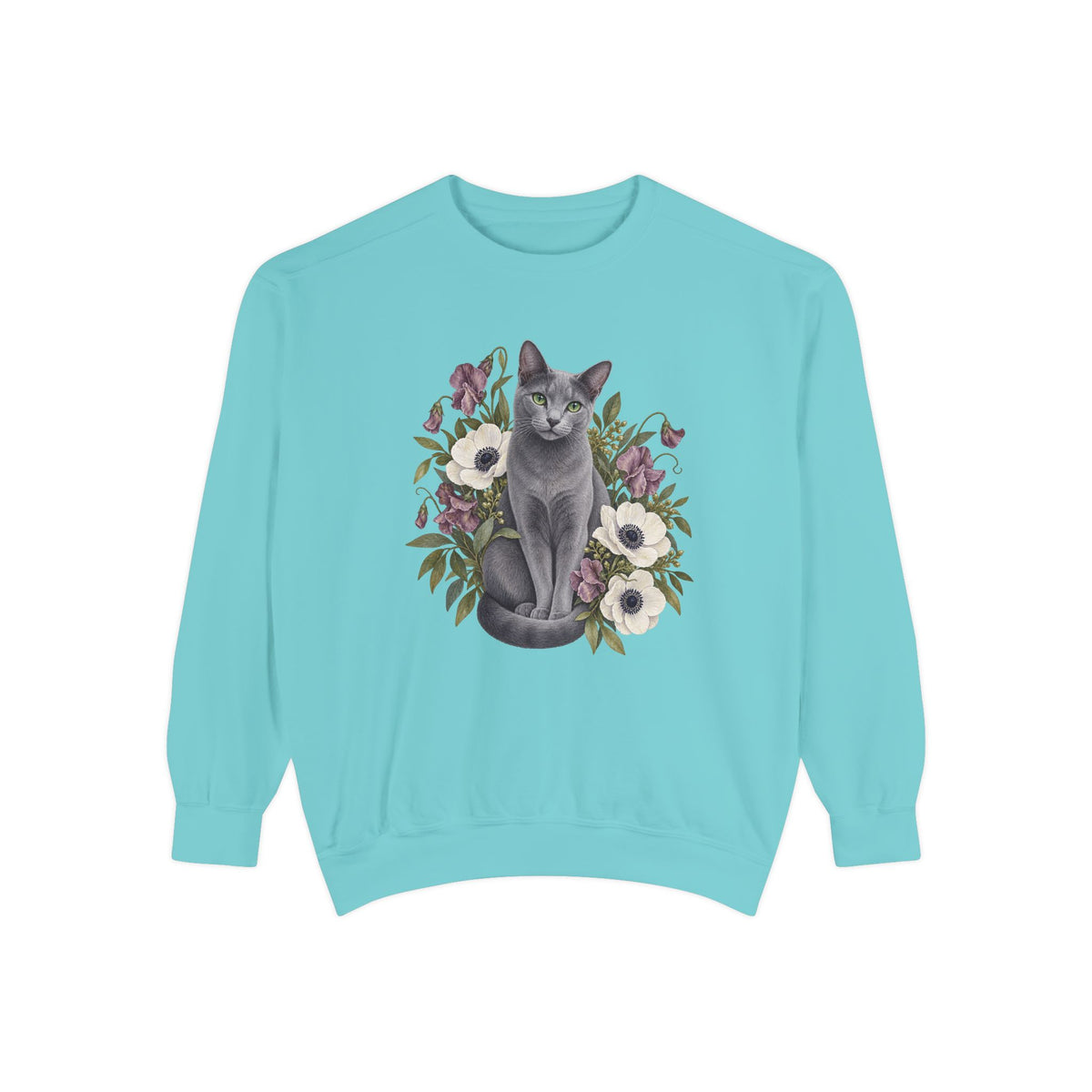 Russian Blue cat wildflower sweatshirt in Chalky Mint, a light aqua garment-dyed Comfort Colors 1566 crewneck