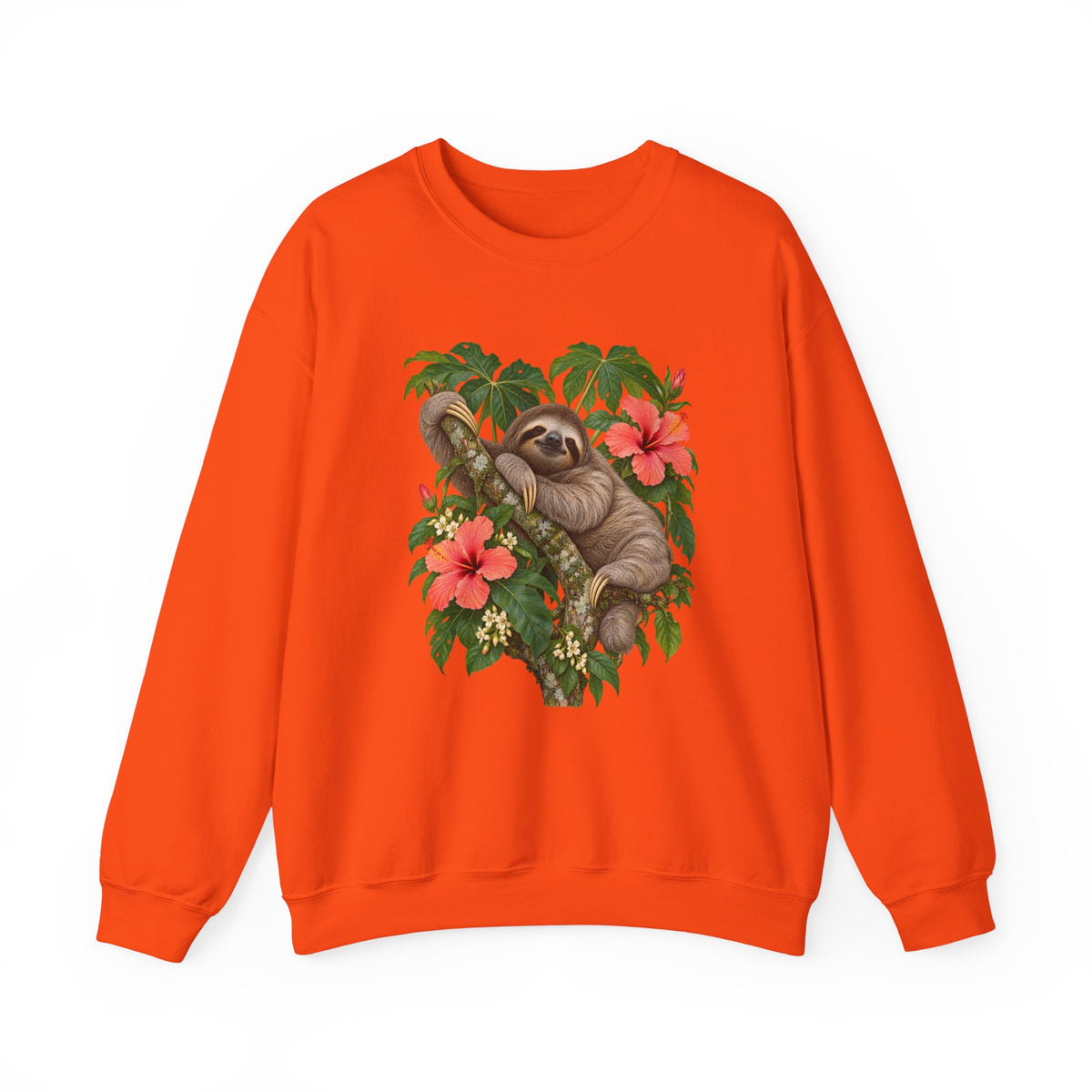Taking My Sweet Time sweatshirt — a sloth resting on a mossy branch among coral hibiscus, cream blossoms and tropical leaves, on a unisex crewneck