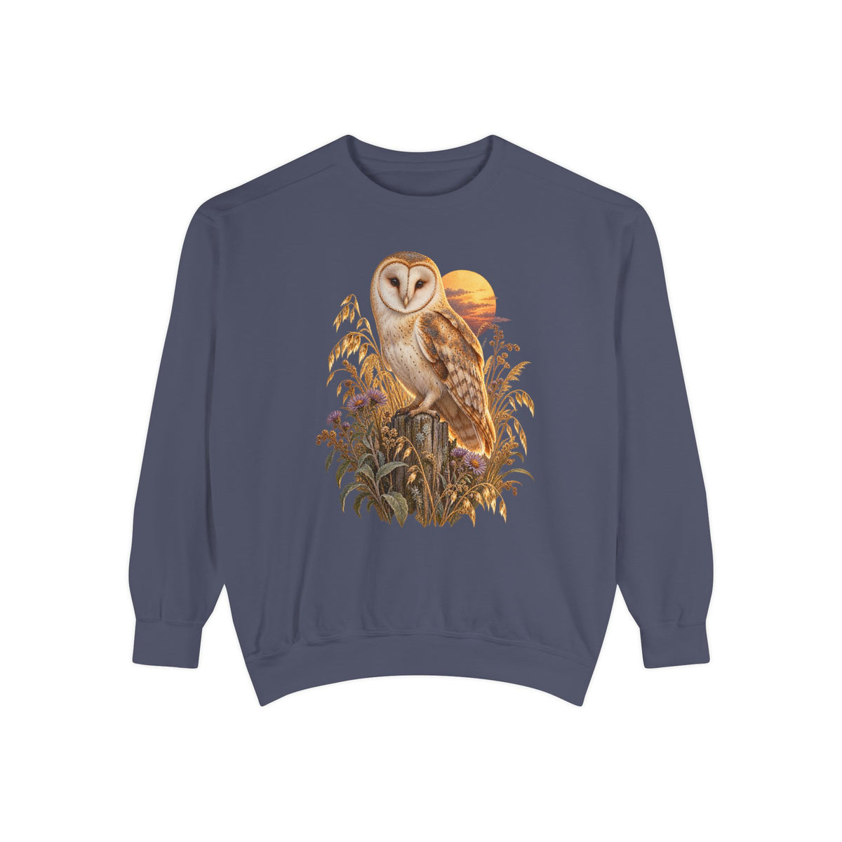Barn owl at dusk sweatshirt in Denim, front view