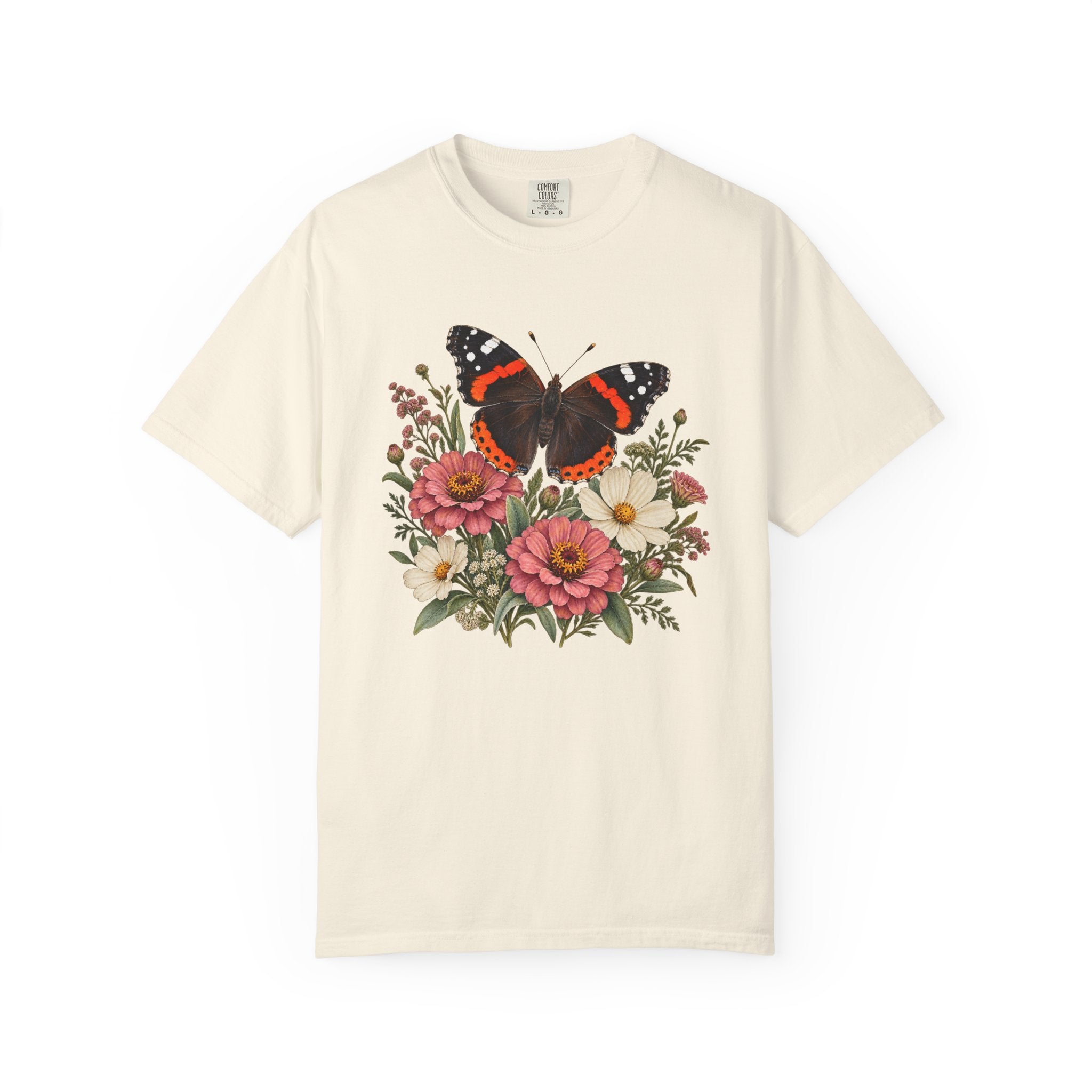 Red Admiral & Zinnia T-Shirt — Garment-Dyed Cotton