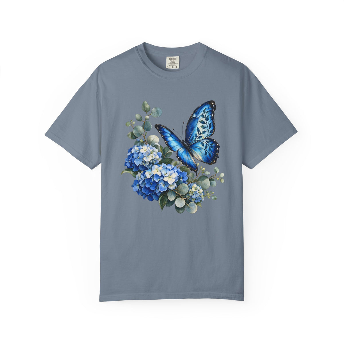 Blue Morpho & Hydrangea T-Shirt — Garment-Dyed Cotton