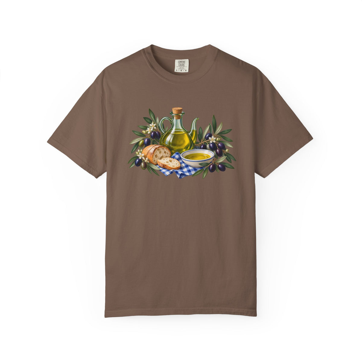 Pass the Bread tee in Espresso, a rustic olive oil and bread kitchen print on brown