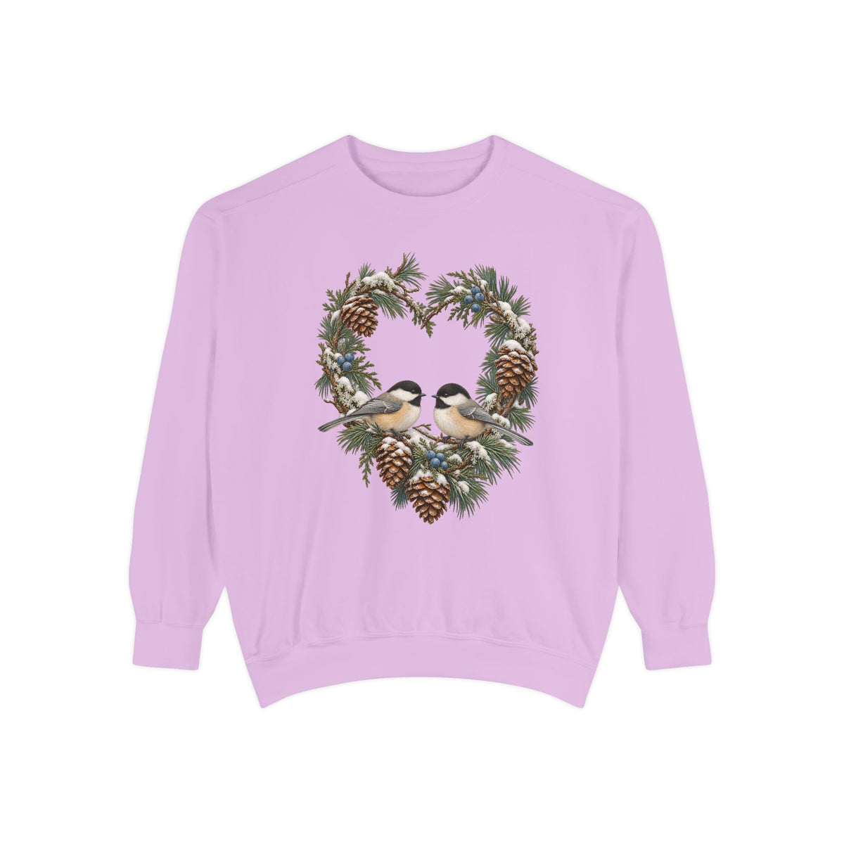 Chickadee heart wreath sweatshirt in Orchid, front view