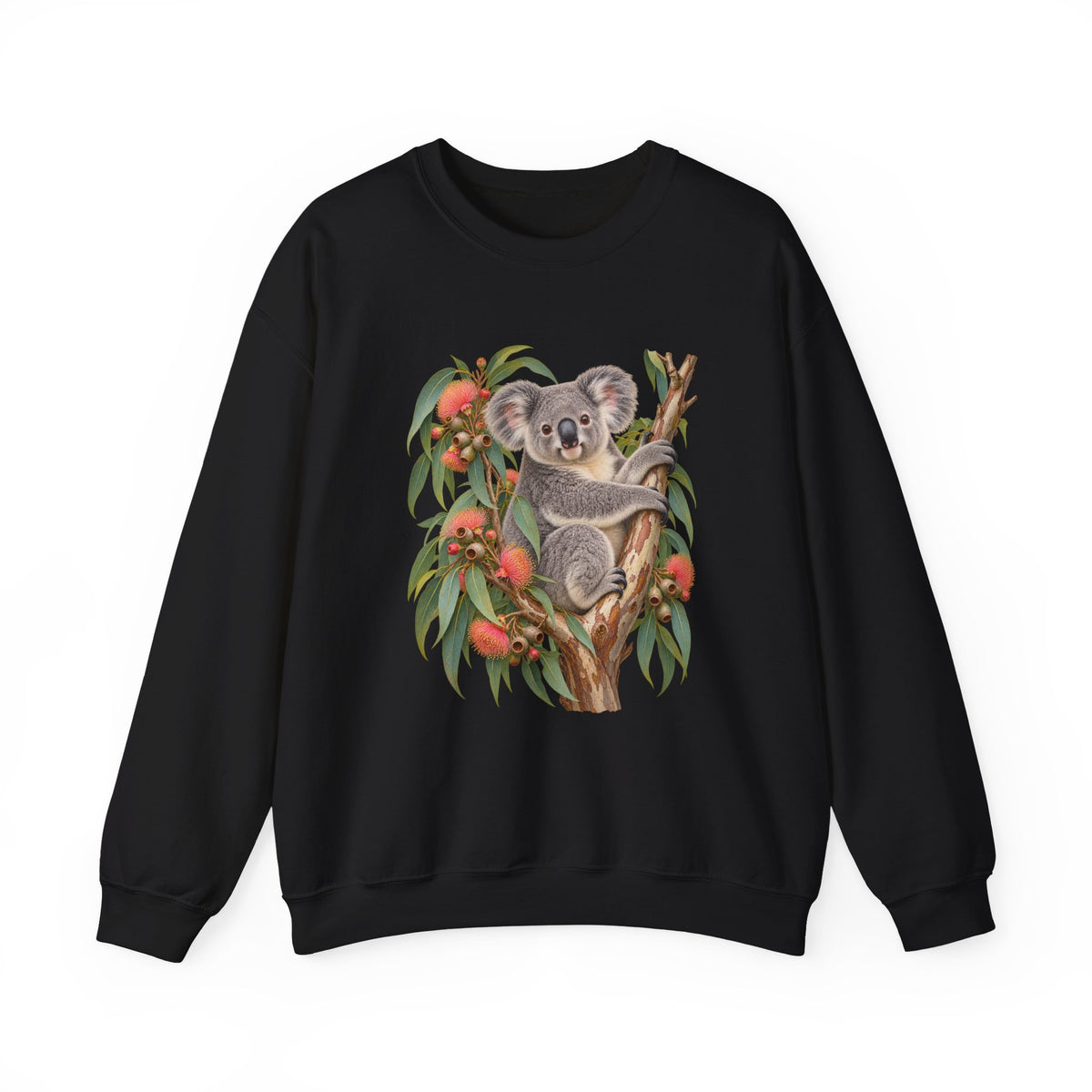 Booked for the Afternoon sweatshirt — a grey koala resting among eucalyptus leaves and coral-pink blossoms, on a unisex crewneck