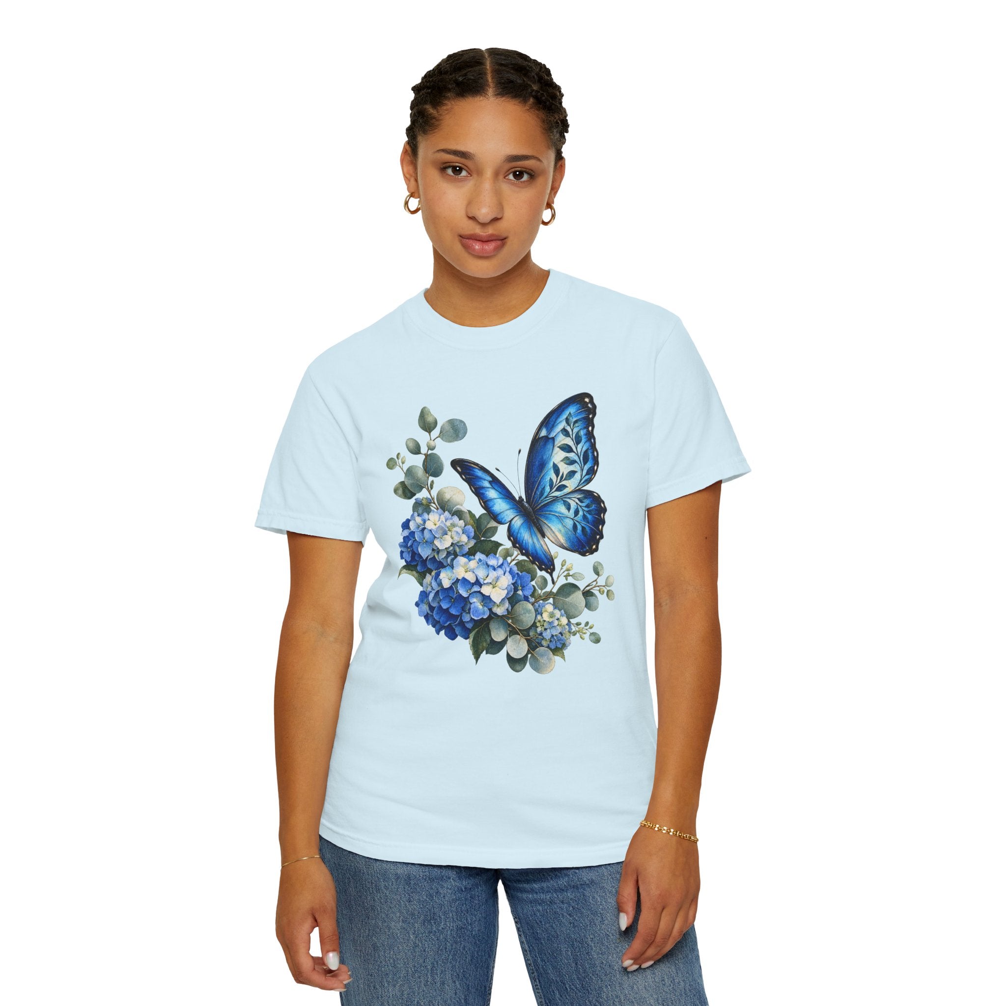 Blue Morpho & Hydrangea T-Shirt — Garment-Dyed Cotton