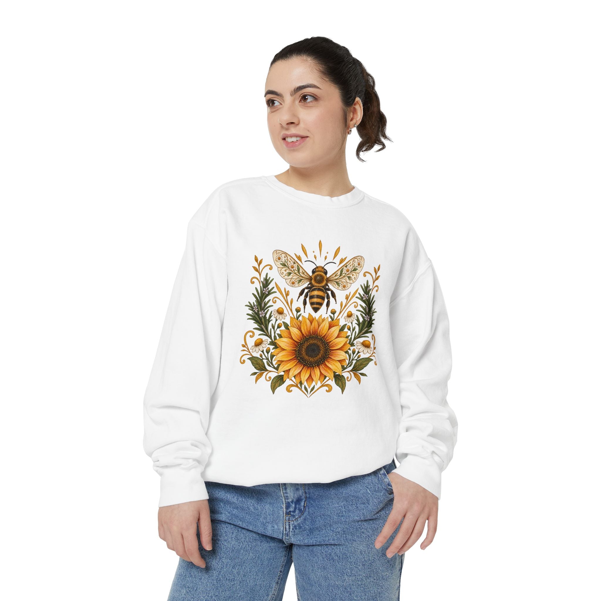 Bee & Sunflower Crest Sweatshirt — Garment-Dyed Fleece