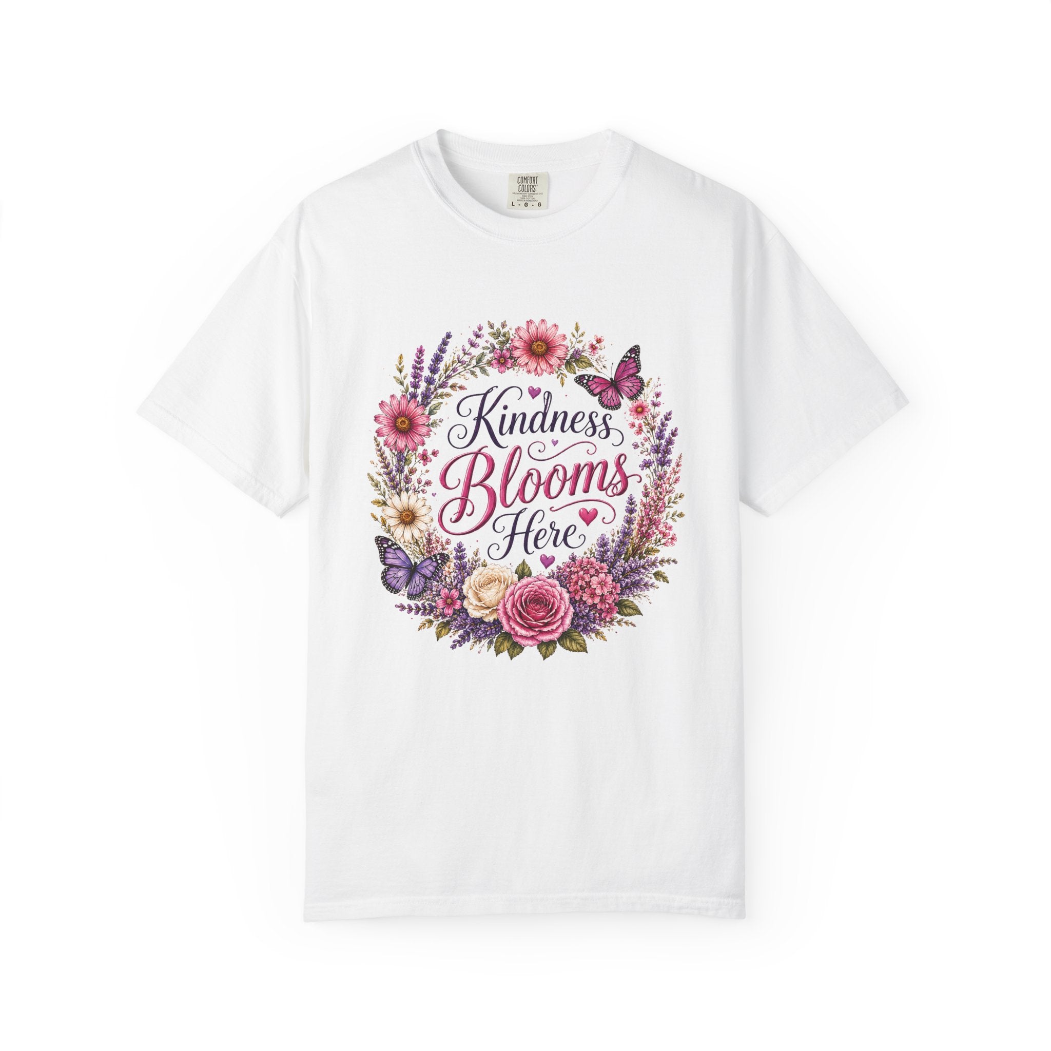 Kindness Blooms Here floral wreath tee front view