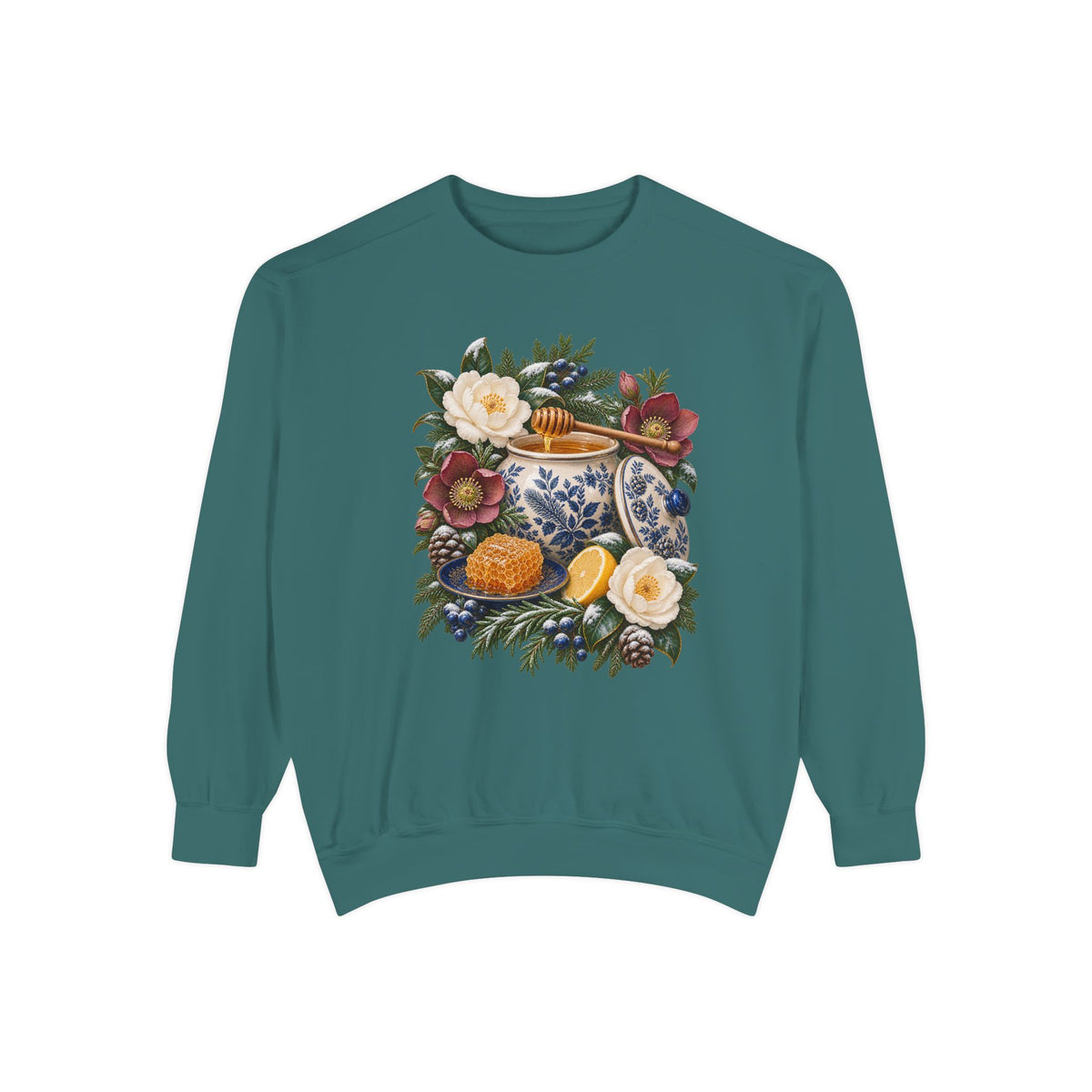 Winter still-life print, relaxed unisex crewneck, adult sizes S to 3XL — a cream and cobalt transferware jar of honey with a wooden dipper, honeycomb on a blue plate and a cut lemon among winter florals