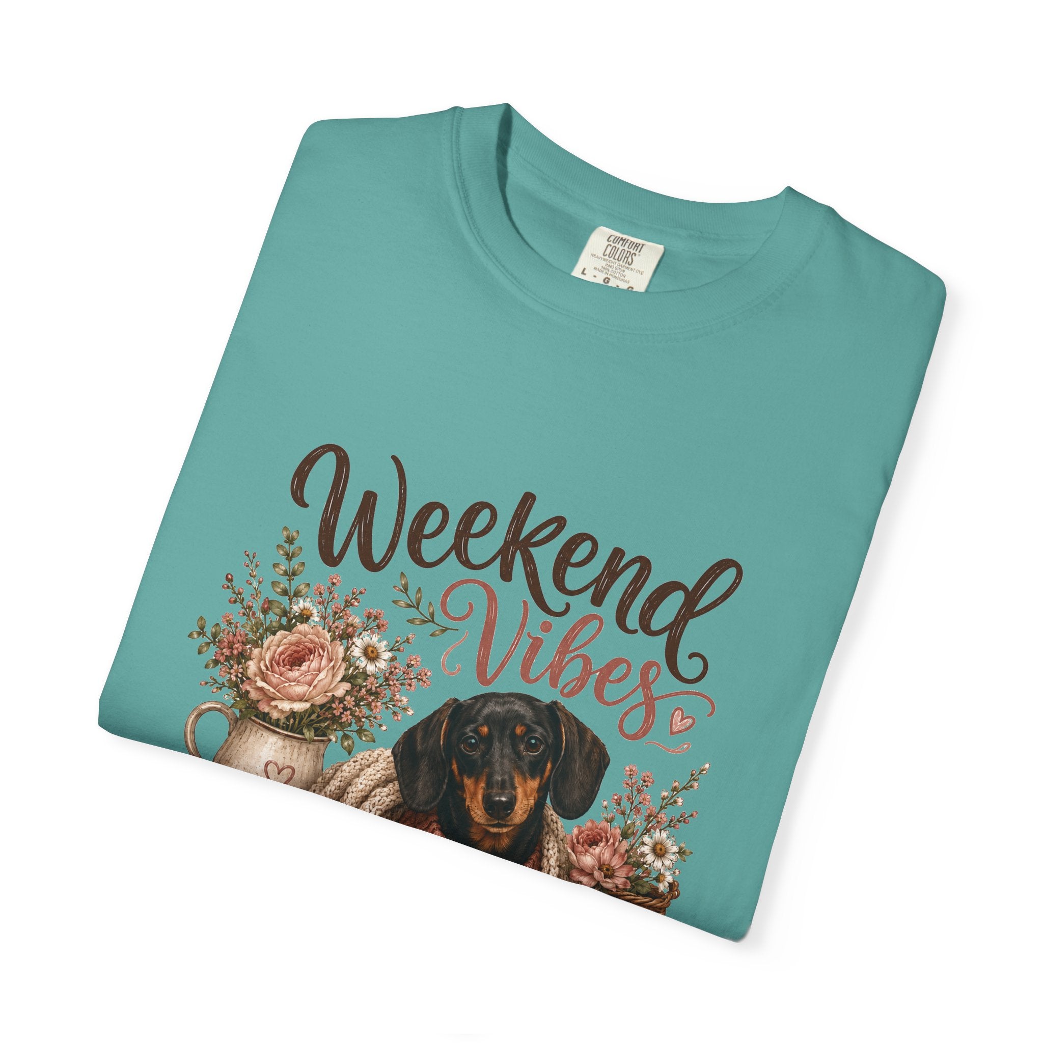 Weekend Vibes Dachshund Comfort Colors Shirt, Coffee Flowers Doxie Tee, Dachshund Mom Gift, Cozy Dog Shirt, Dog Lover Gift Her