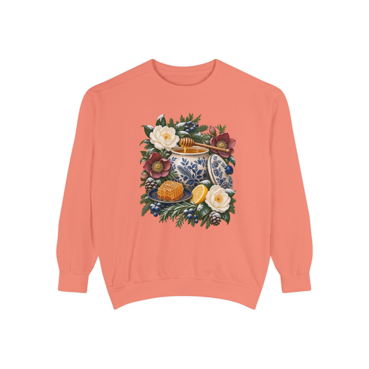 Vintage still-life illustration of a honey jar among camellias, hellebores and frosted evergreen — a cream and cobalt transferware jar of honey with a wooden dipper, honeycomb on a blue plate and a cut lemon among winter florals