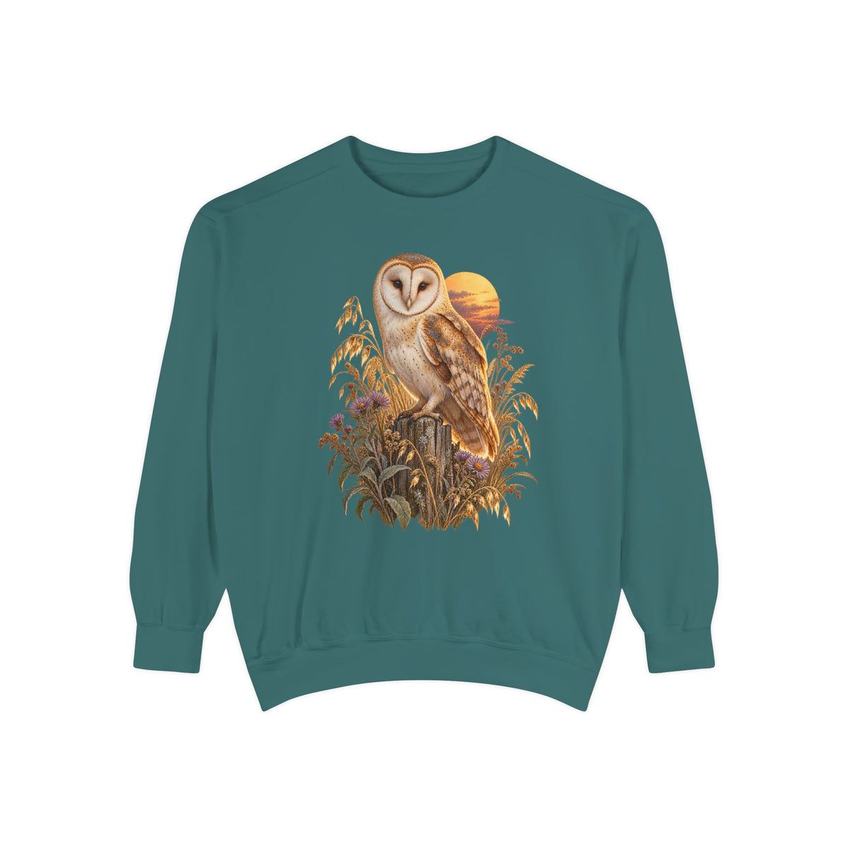 Barn owl at dusk sweatshirt in Blue Spruce, front view
