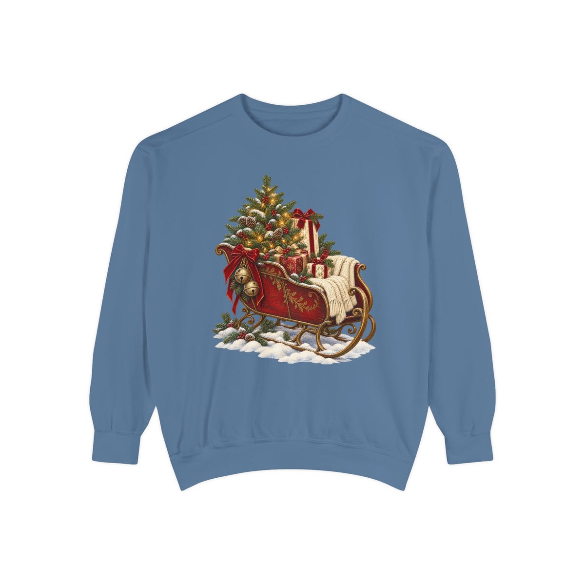Vintage Christmas sleigh sweatshirt in Blue Jean, front view