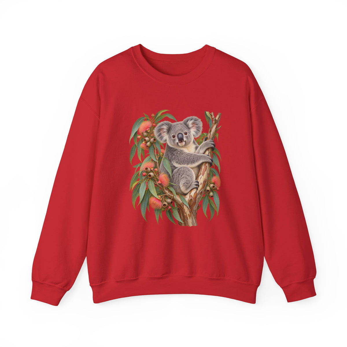 Booked for the Afternoon sweatshirt — a grey koala resting among eucalyptus leaves and coral-pink blossoms, on a unisex crewneck