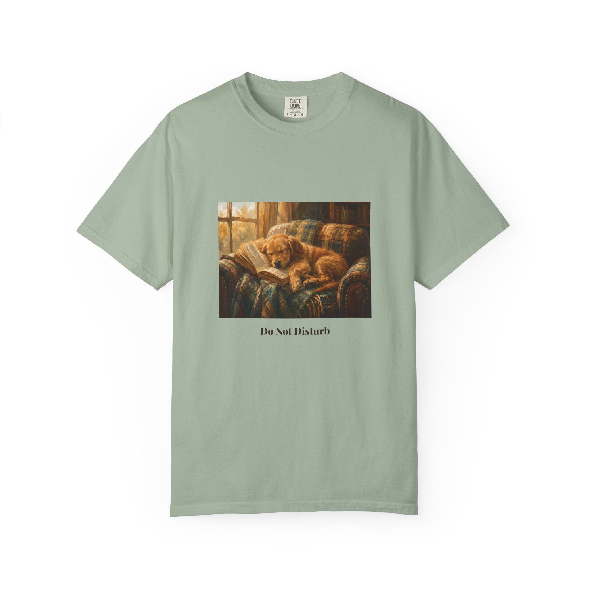 Do Not Disturb Golden napping with book shirt on model