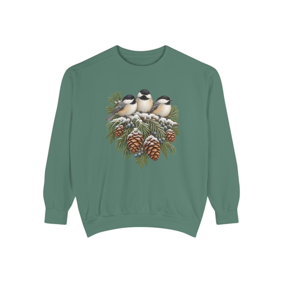 Chickadee sweatshirt in Light Green, a soft sage garment-dyed Comfort Colors 1566 crewneck with three winter chickadees and pinecones