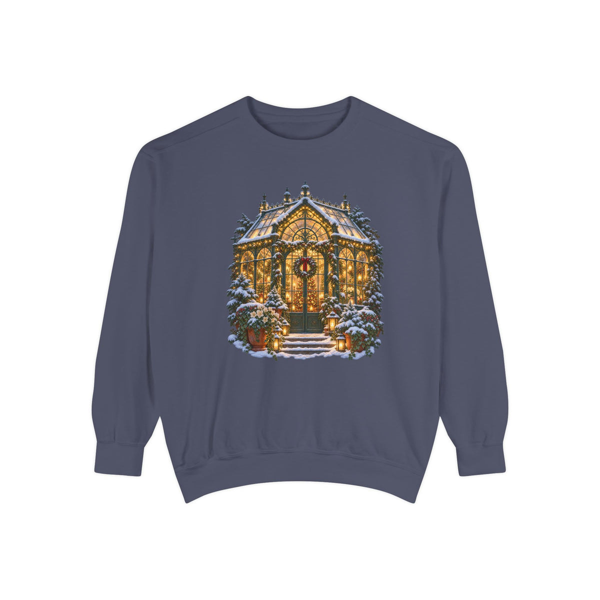 Christmas greenhouse sweatshirt in Denim, a washed blue garment-dyed Comfort Colors 1566 crewneck with a lit snowy conservatory
