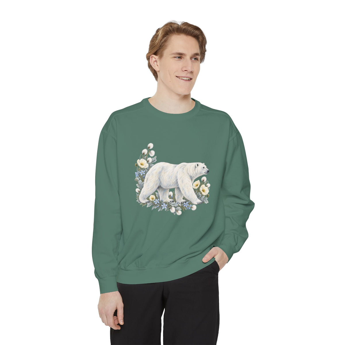 Polar Bear & Arctic Blooms Sweatshirt — Garment-Dyed Fleece