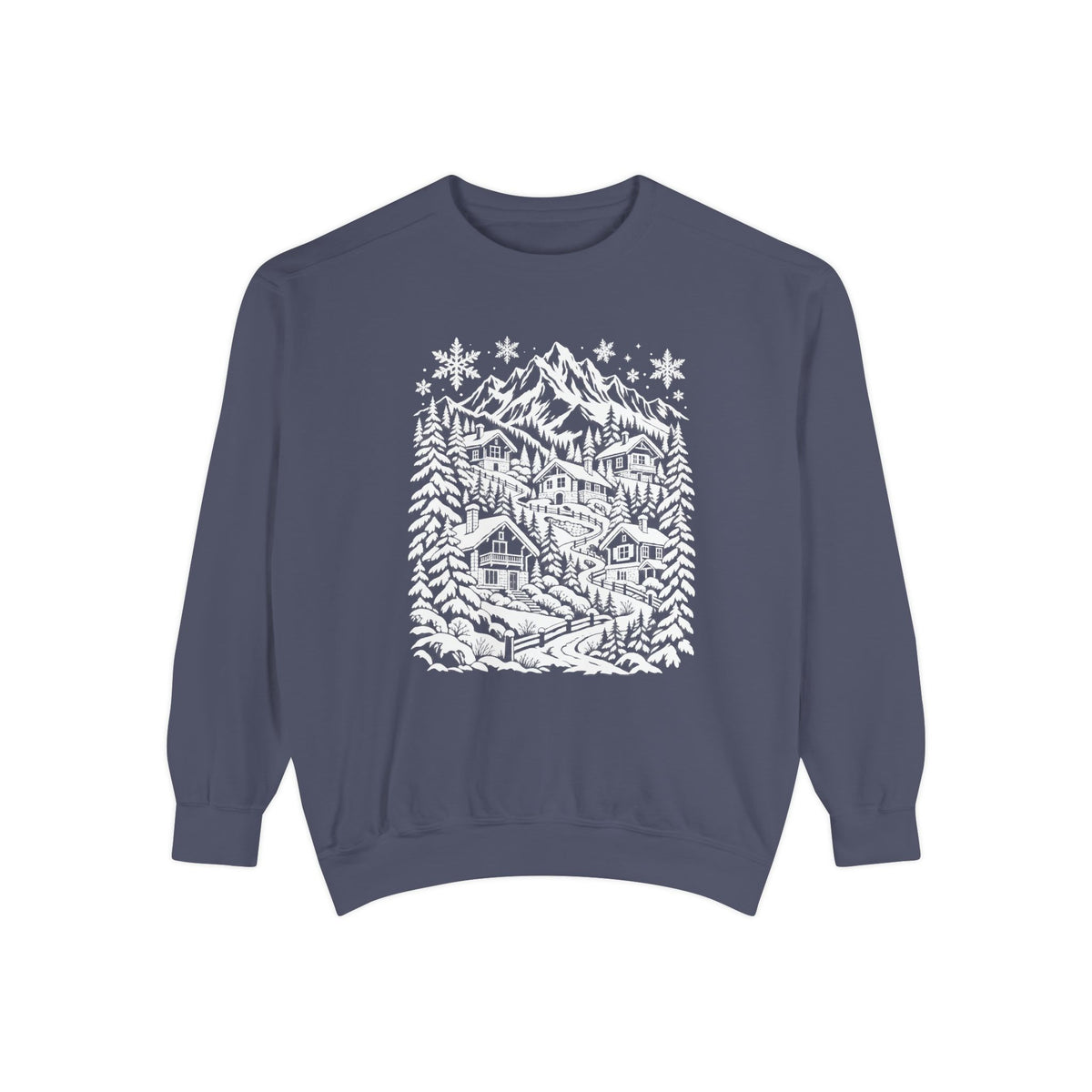 Snowy Mountain Chalets Line Art Sweatshirt — a snow-capped peak above balconied alpine chalets on terraced slopes, snow-laden pines to either side and large snowflakes falling above, drawn in white line art on a garment-dyed Comfort Colors crewneck