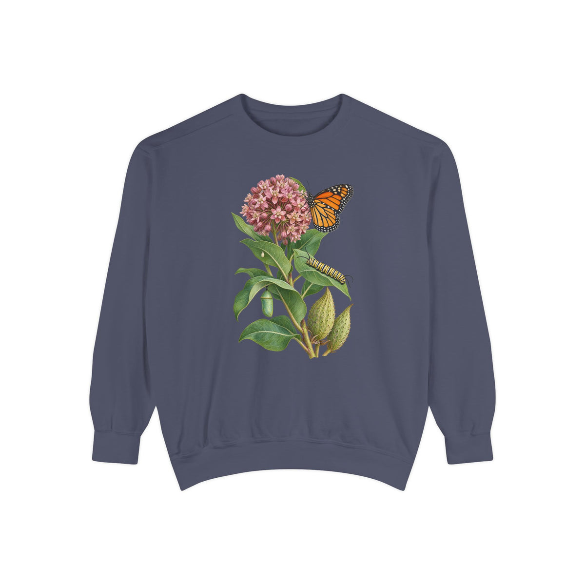 Milkweed and monarch life cycle sweatshirt in Denim, front view