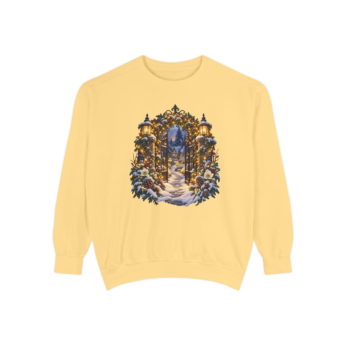 Christmas garden gate sweatshirt in Butter, a soft pale yellow garment-dyed Comfort Colors 1566 crewneck with a snowy lantern-lit garden gate