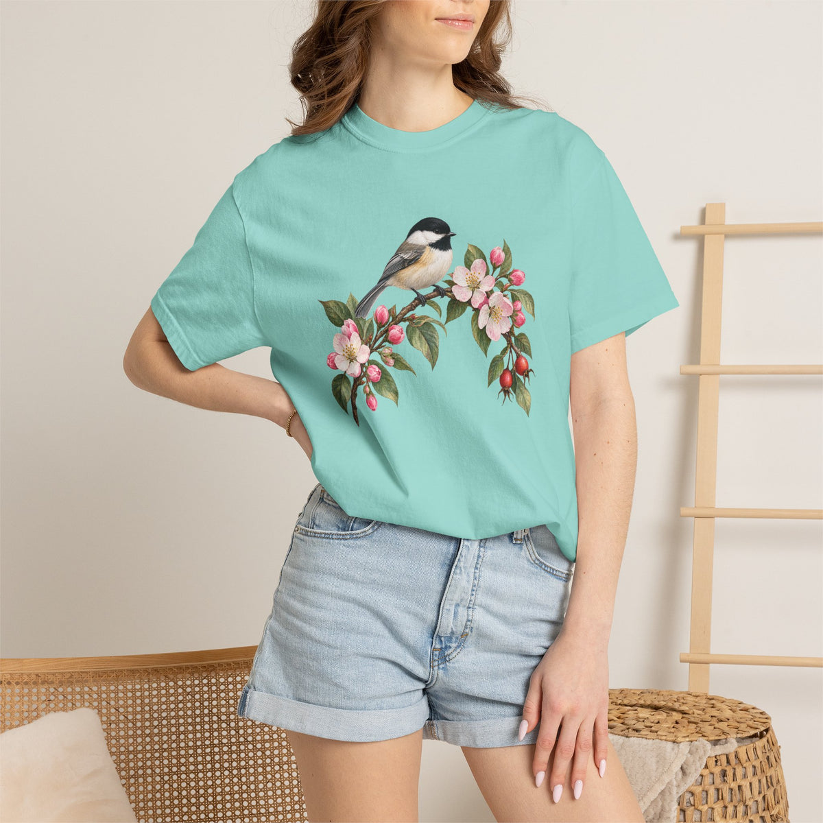 Chickadee & Apple Blossom T-Shirt — Garment-Dyed Cotton