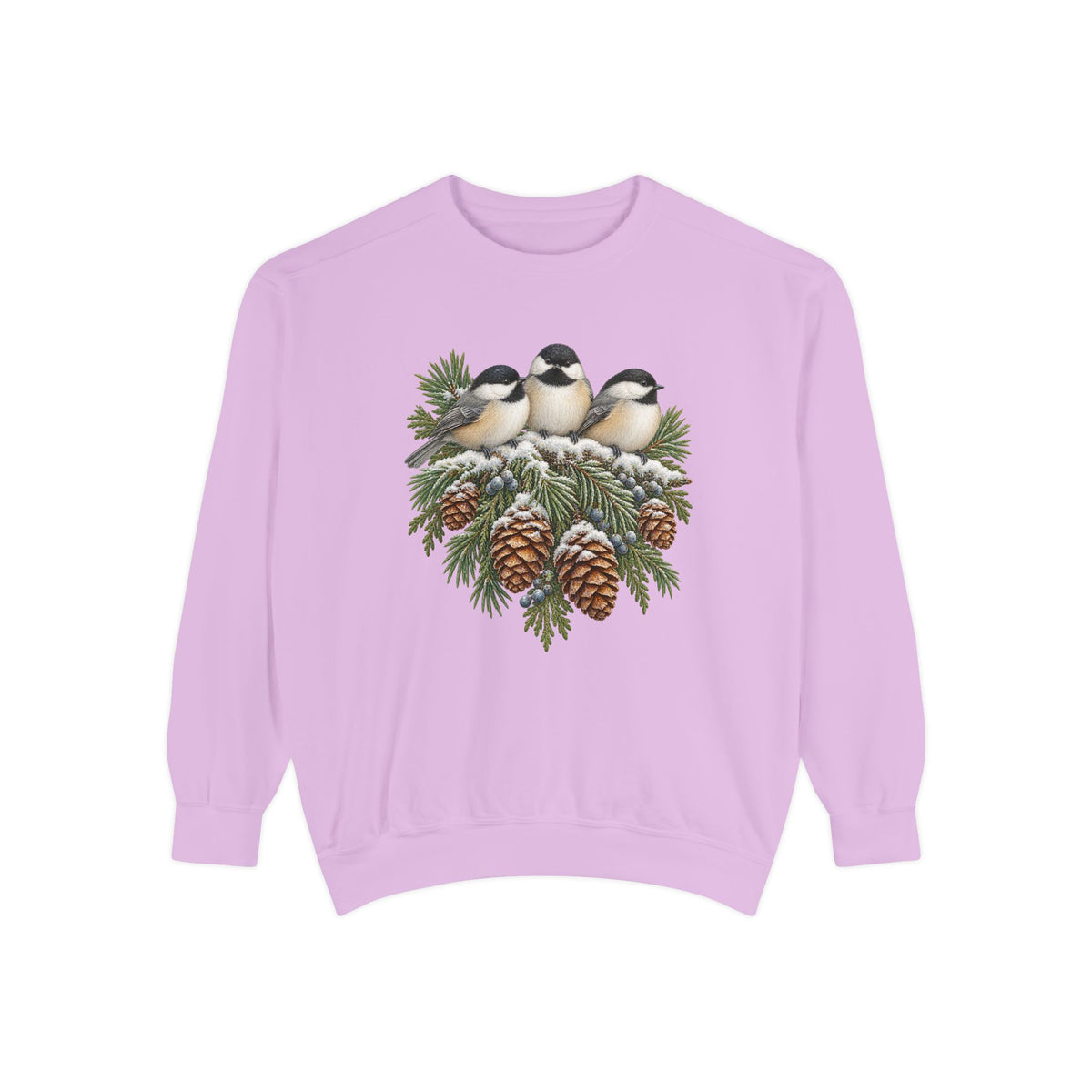 Chickadee sweatshirt in Orchid, a light lavender garment-dyed Comfort Colors 1566 crewneck with three winter chickadees and pinecones