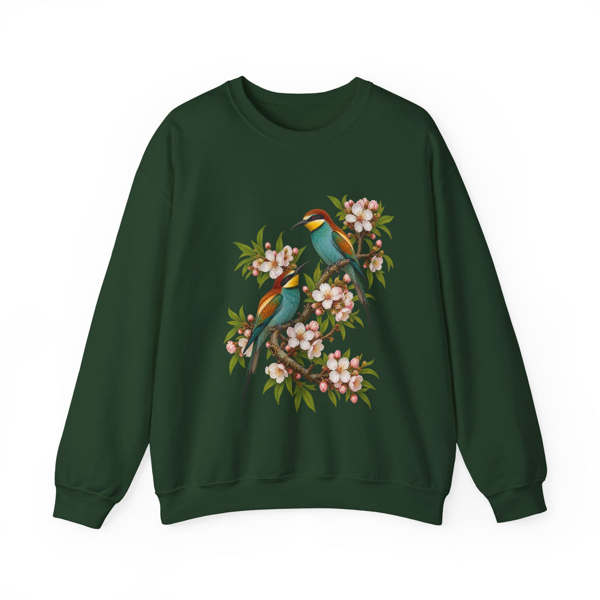 The Scenic Way Home sweatshirt — two birds with teal, golden-yellow and rust plumage perched among cream and blush blossoms, on a unisex crewneck