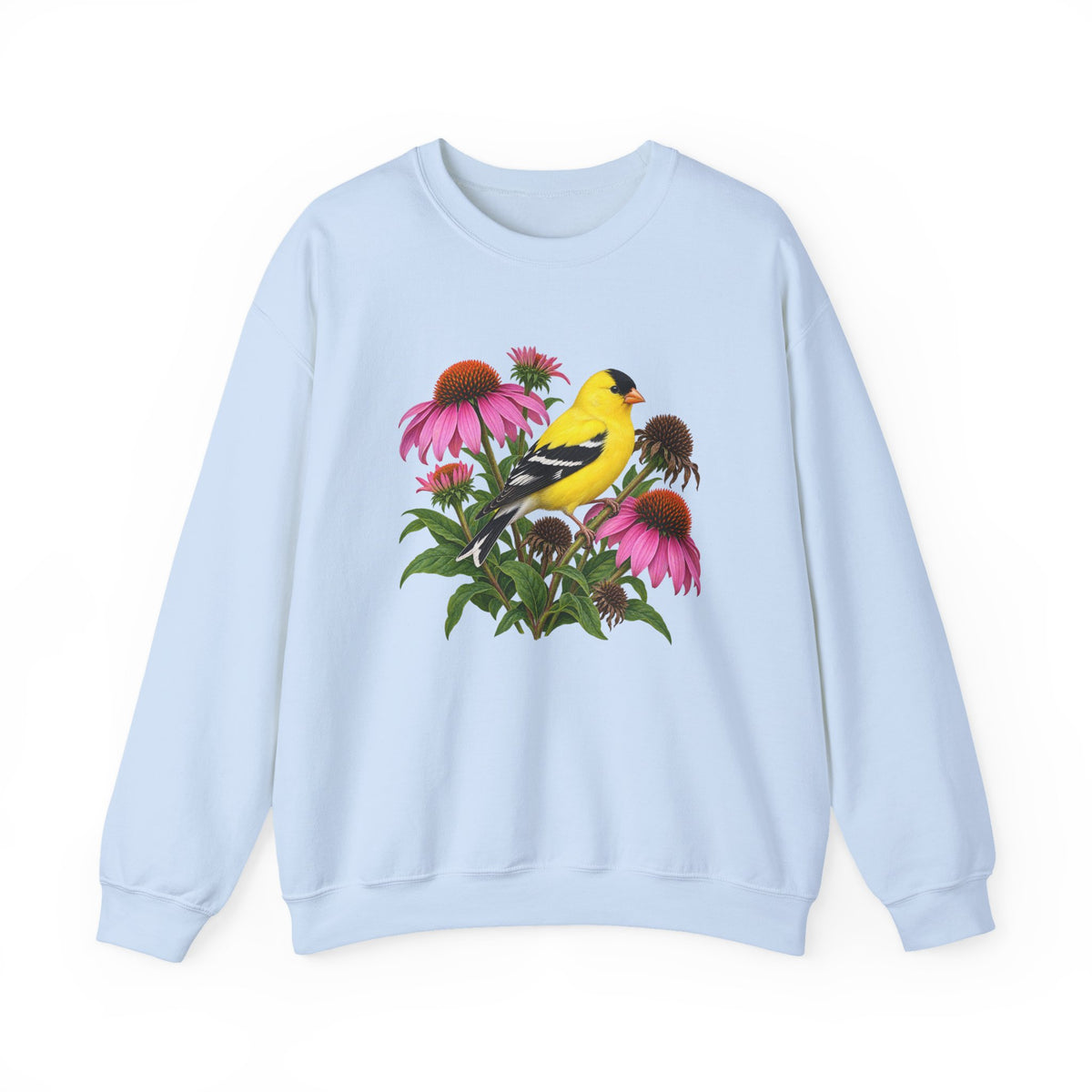 A Small Bright Thing crewneck sweatshirt, a golden-yellow American goldfinch among pink coneflowers, seed heads and green leaves, image 5 of 22