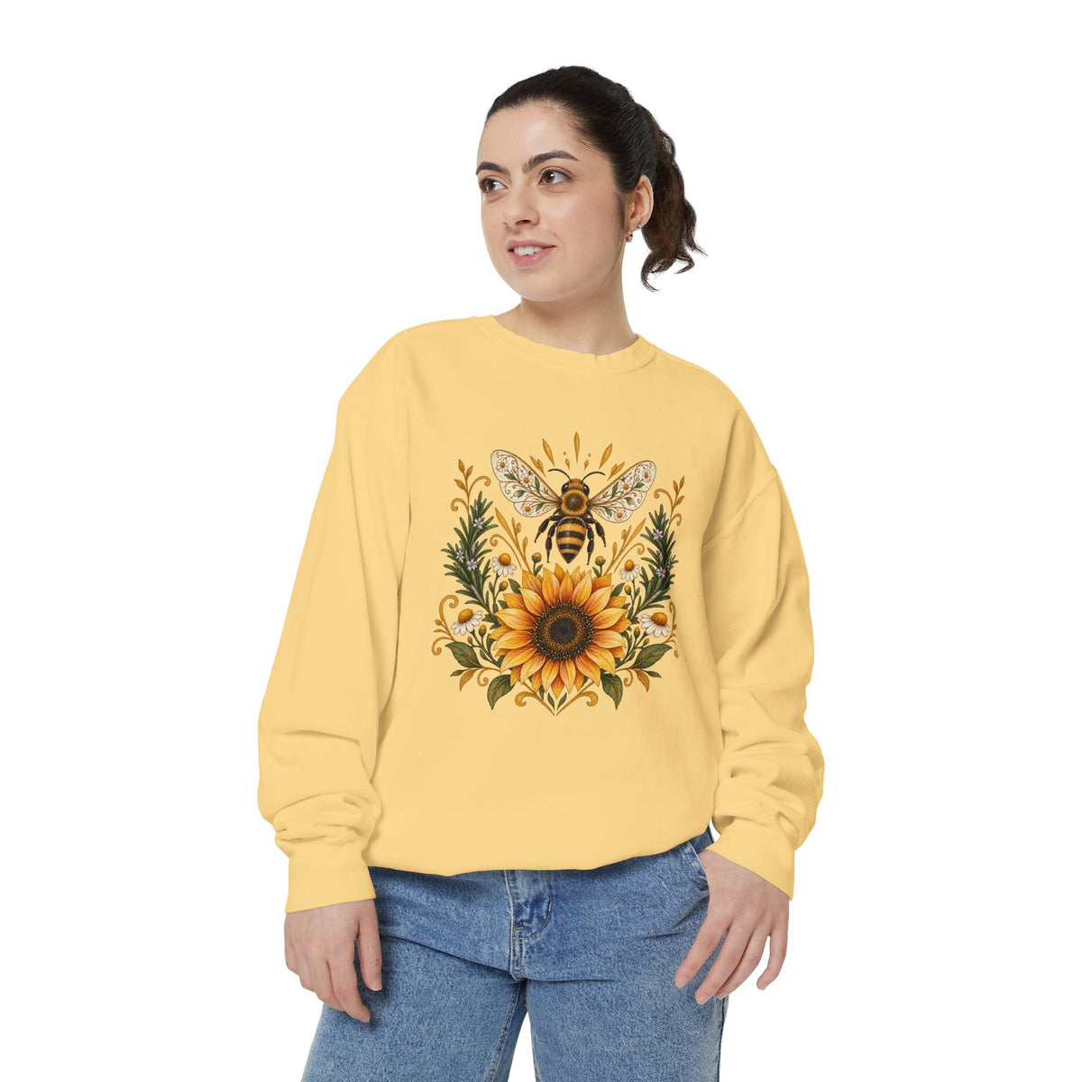 Bee & Sunflower Crest Sweatshirt — Garment-Dyed Fleece