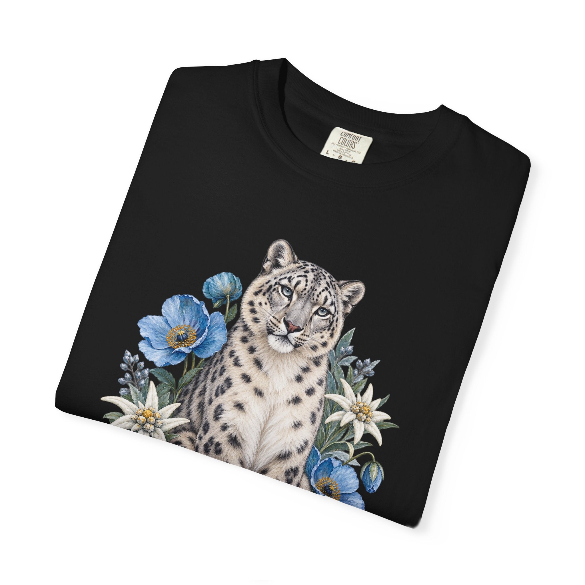 Snow Leopard & Blue Poppy T-Shirt — relaxed unisex cut
