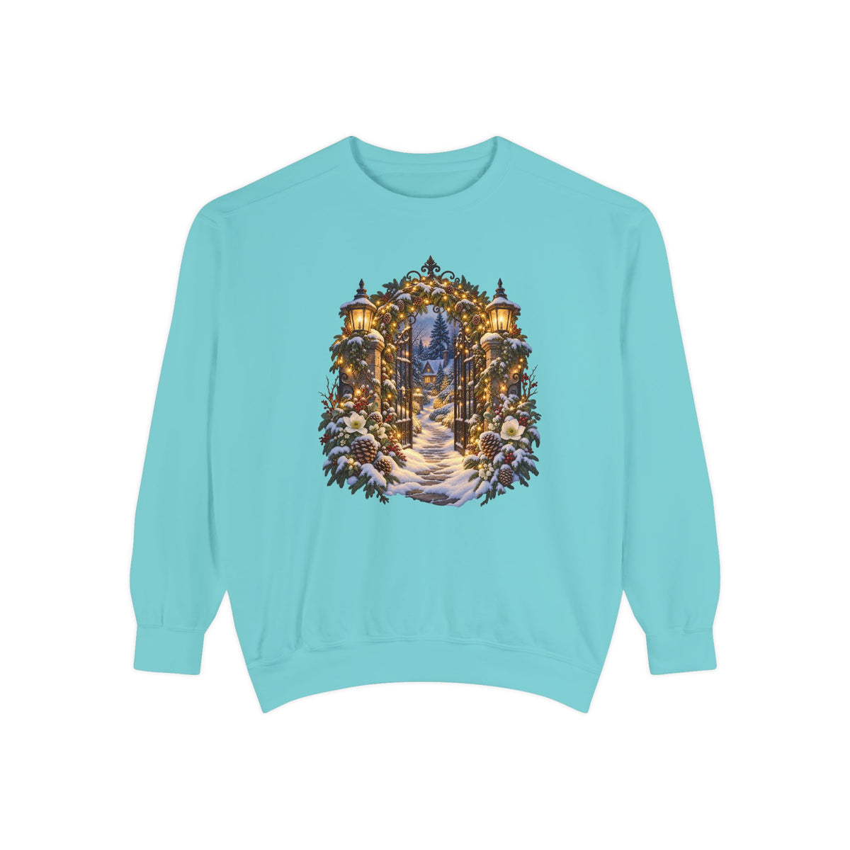 Christmas garden gate sweatshirt in Chalky Mint, a pale soft mint garment-dyed Comfort Colors 1566 crewneck with a snowy lantern-lit garden gate