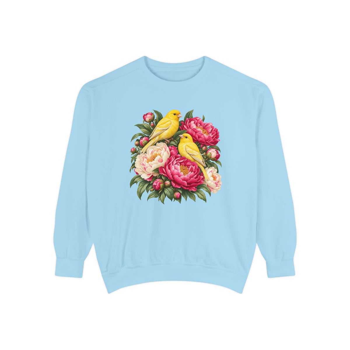 Yellow Songbirds and Pink Peony Sweatshirt - the gathered bouquet-shaped arrangement printed large and centred on the chest, not a back print