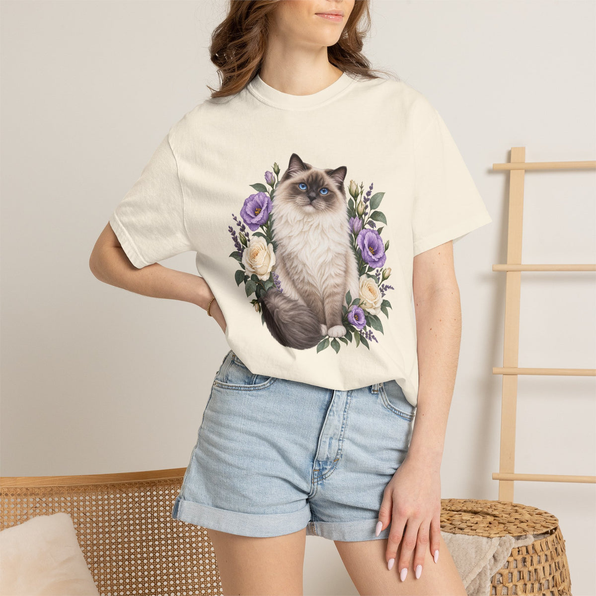 Cat Lover T-Shirt — Blue-Eyed Cat & Wildflowers