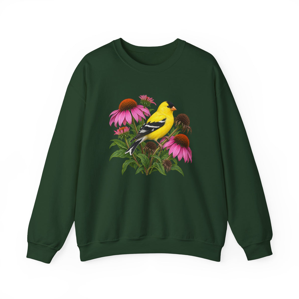 A Small Bright Thing crewneck sweatshirt, a golden-yellow American goldfinch among pink coneflowers, seed heads and green leaves, image 2 of 22